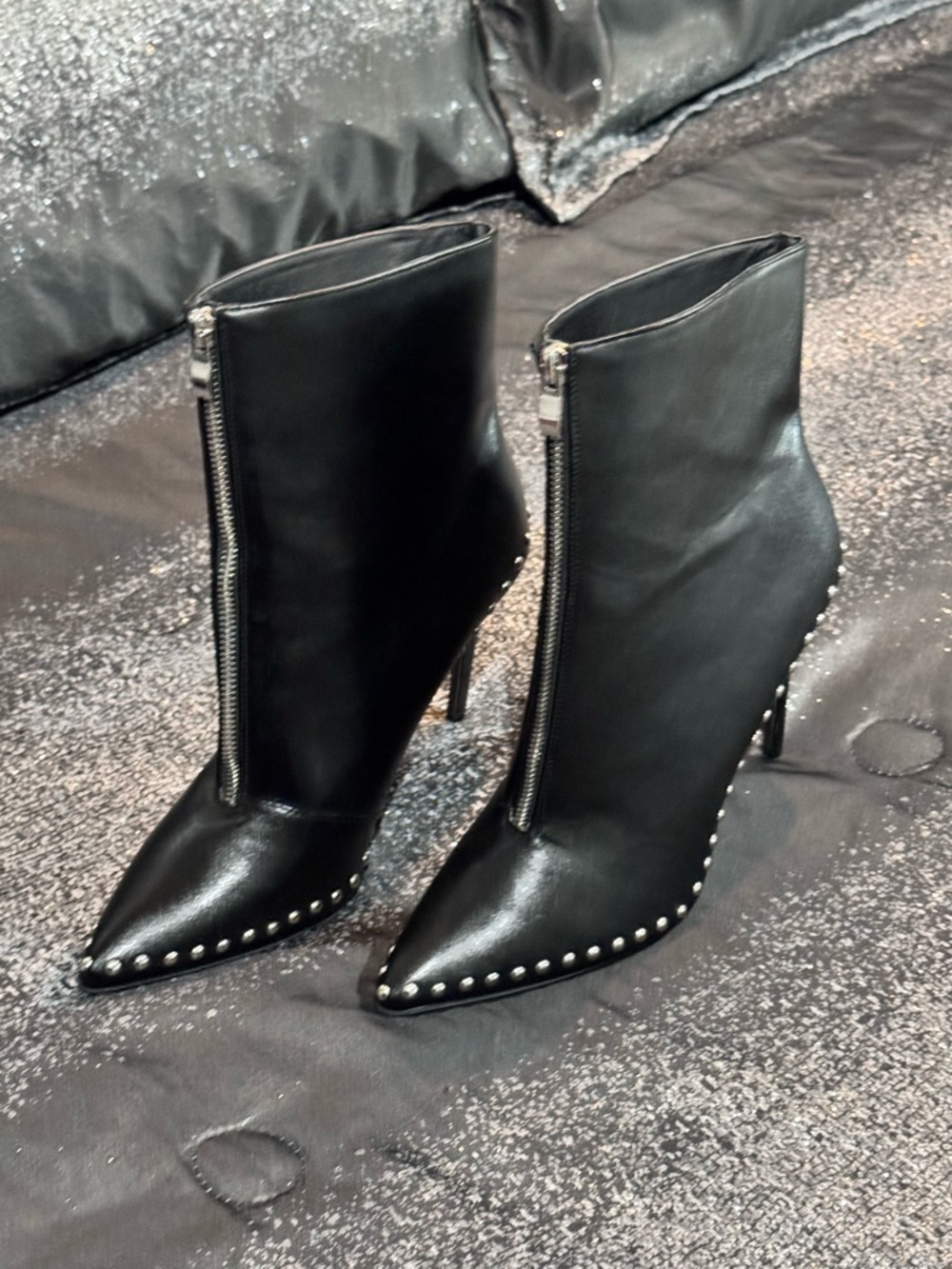 Black Studded Pointed-Toe Stiletto Ankle Boots